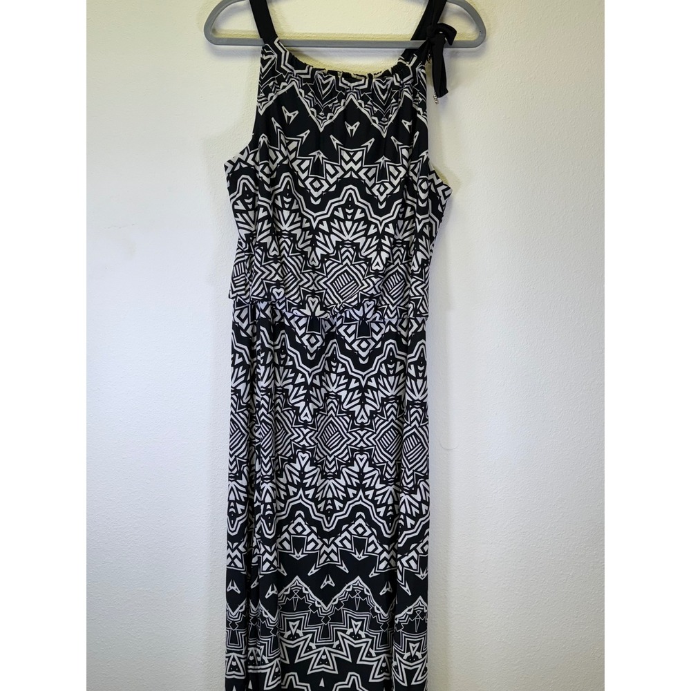 Alfani Womens Black White Geometric Print Maxi Dress Bow Accent Large‎